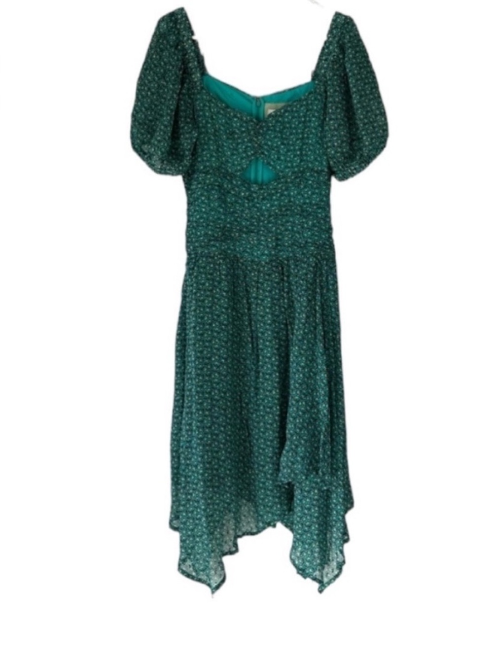 Anthropologie Puff-Sleeved Cut-Out Midi Dress size 14 Handkerchief Hem Plus Size - Picture 8 of 12